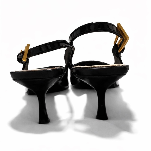 Elegant Black Patent Slingback Kitten Heels with Gold Buckles - Picture 2 of 3